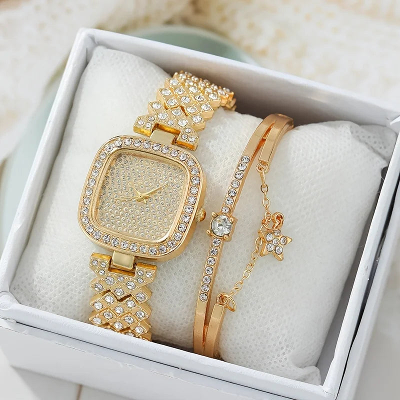 1pcs of fashionable and personalized rhinestone quartz watch and 1 pcs of versatile star bracelet Qme Golden Set