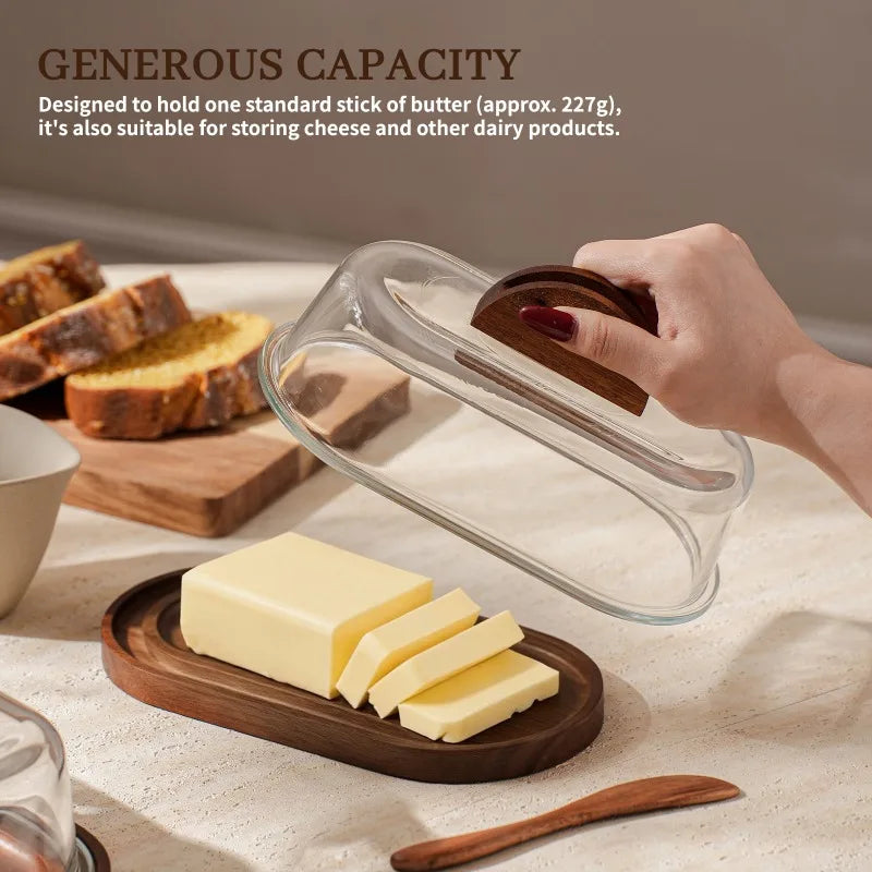 Premium Solid Wood Tray Tempered Glass Lid Reusable Butter Storage Qme
