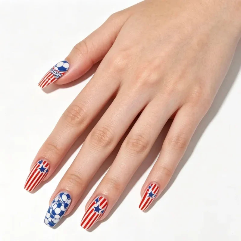 Red Blue Star Soccer Press On Nails Fan Party False Nails Easy To Apply And Remove Qme