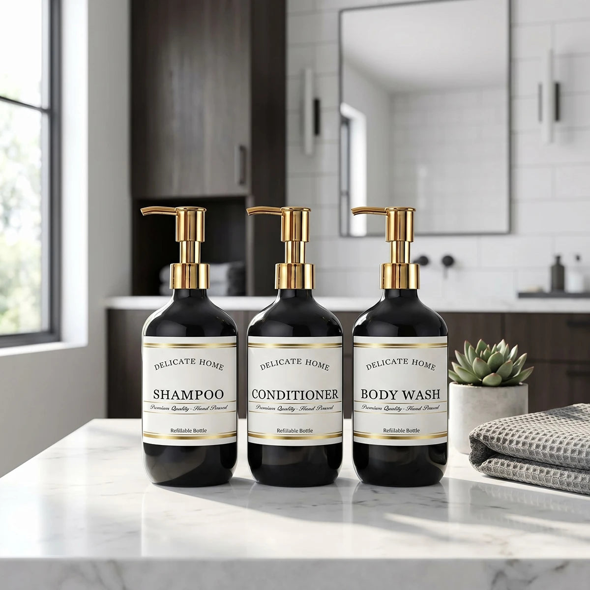 Black Refillable Shower Bottles Set, 3 Pack 16.9oz Plastic Pump Bottles Shower Dispensers for Shampoo Conditioner, Body Wash Qme