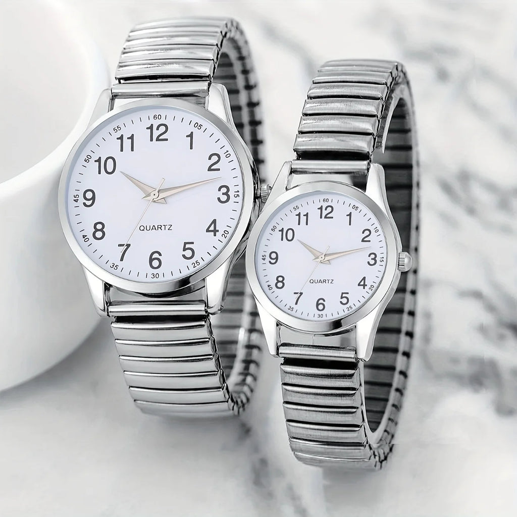 2pcs Simple Digital Steel Band Quartz Watch, Daily Wear Couple Watch Qme Silver