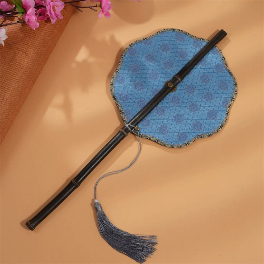 Classical Ancient Style Chinese Bamboo Waist Fan Rollable Foldable Long Handle Fan with Tassel Decorative Group Fan Gifts Qme