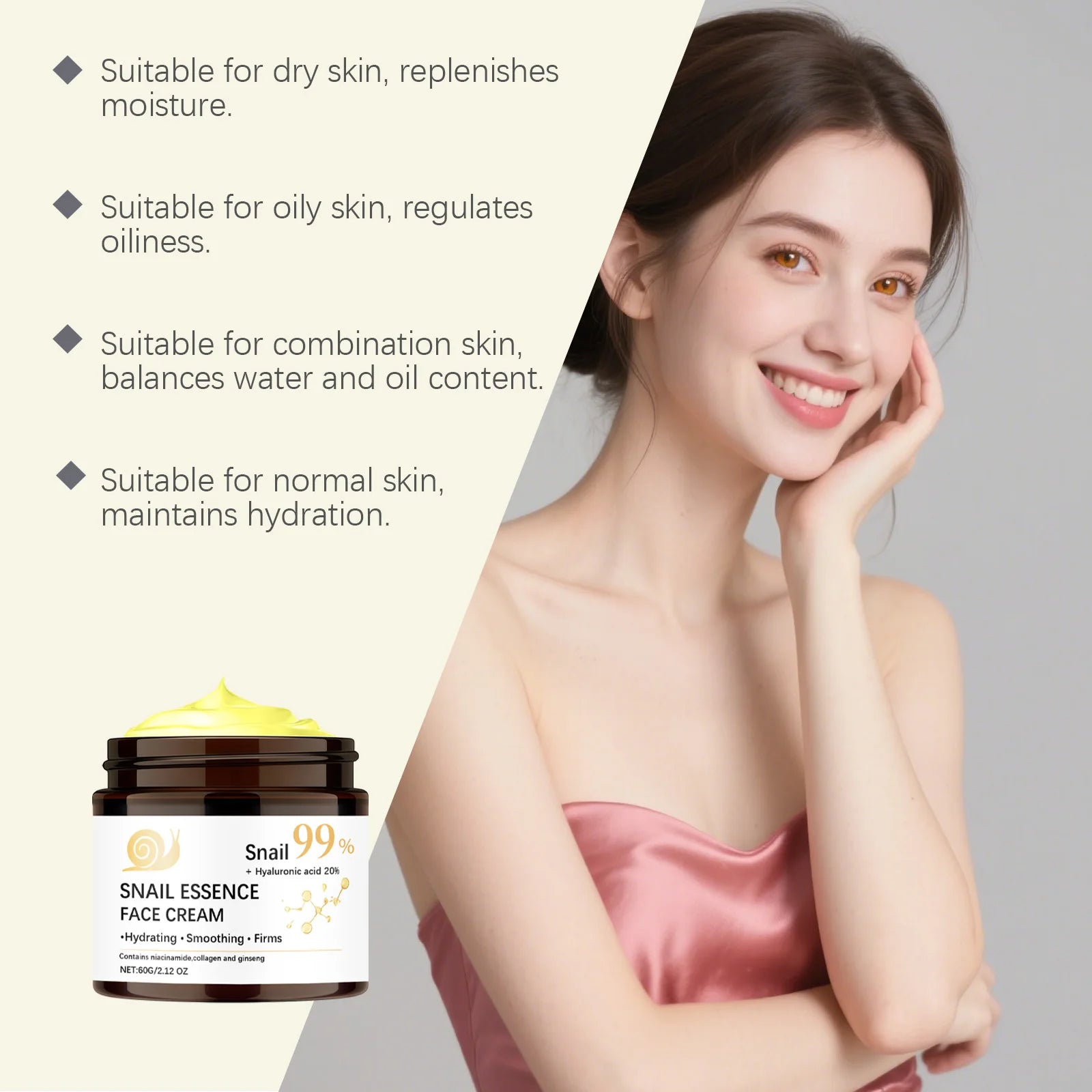 Snail Mucin Face Cream Firming Moisturizing Dry Skin Brightening Anti-Aging Smoothing Fade Fine Lines Soothing Repair Face Cream Qme
