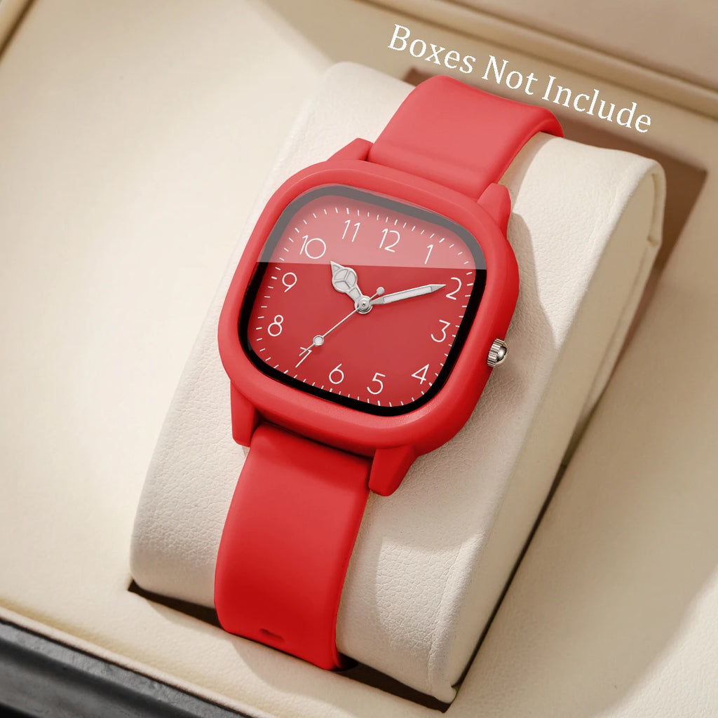Candy Color Square Women Watch Casual Silicone Band Quartz Wristwatch 10 Colors Fashion Ladies Sports Clock Reloj Mujer No Box Qme Red Face No Box