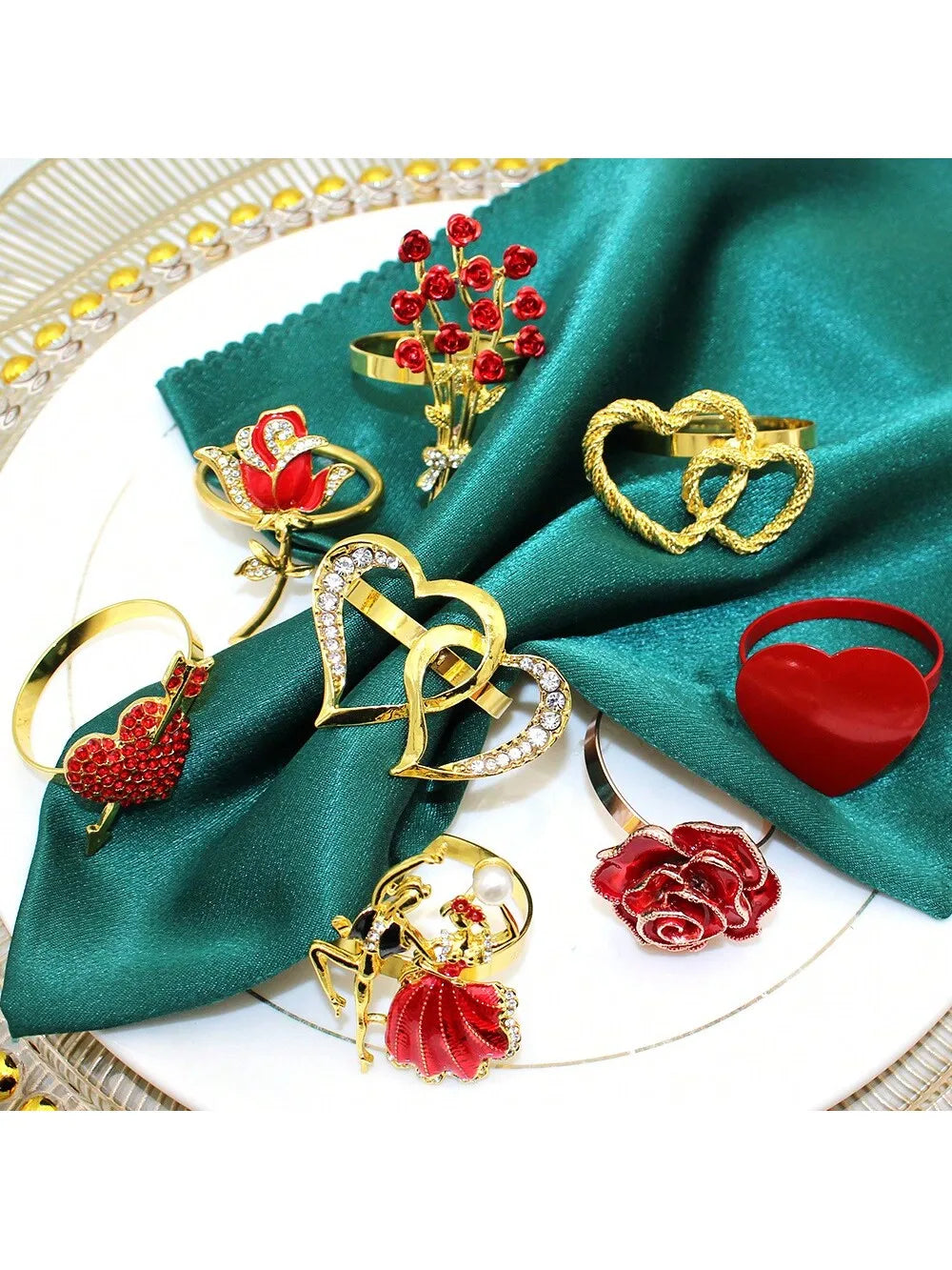 Valentine's Day Napkin Ring Red Heart-shaped Rose Diamond Inlaid Qme