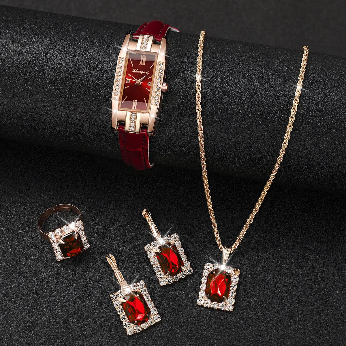 5Pcs/set Elegant temperament square women's quartz watch Korean style personality small green watch belt women's watch Qme