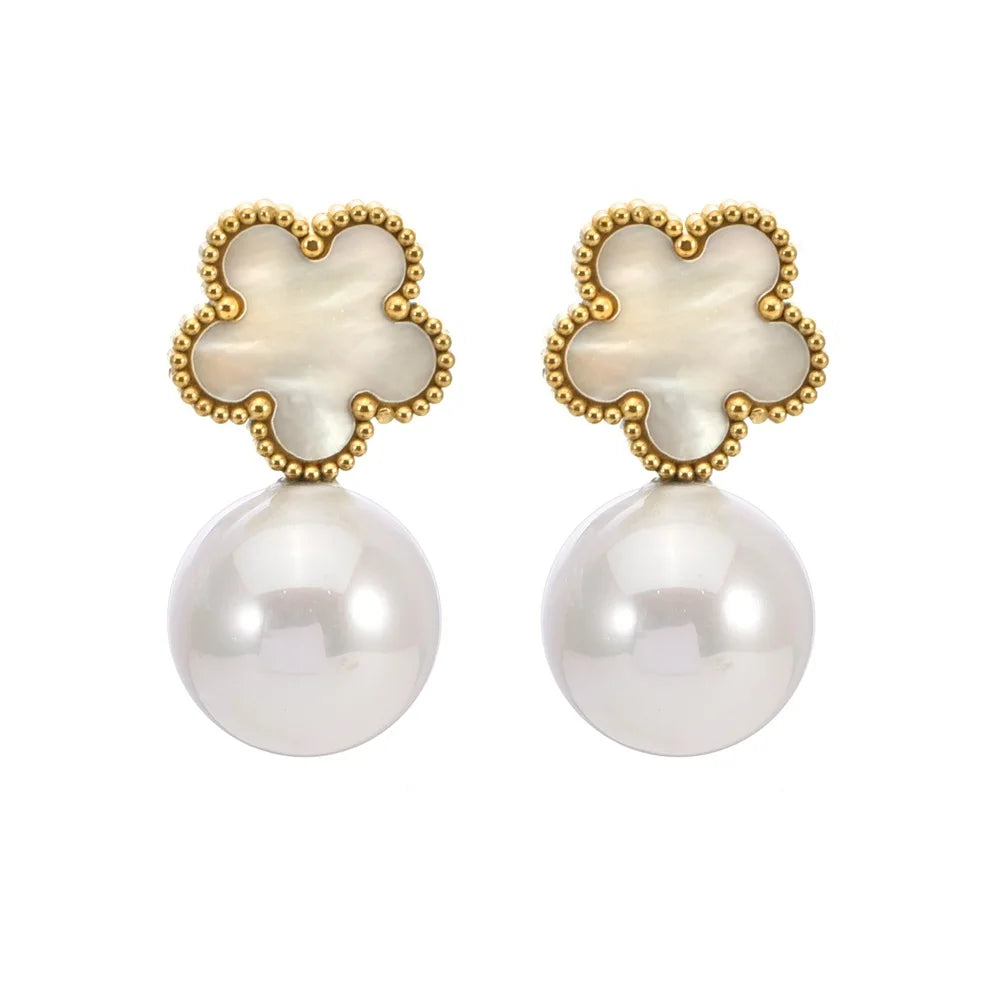 Stainless Steel Plum Blossom Flower Five Leaf Flower Pearl Drop Earrings Fashion for Women Party Jewelry Clover Daily Wear Qme 1