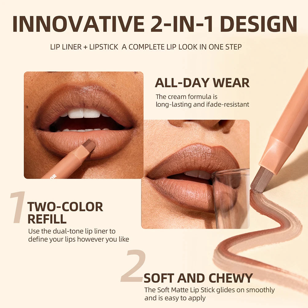 Double Color Lip Liner&Lipstick Pen Makeup Mist Matte Contour Tint Lipstick Pencil 2 In 1 Nude Brown Lipliner Pen Balm Cosmetic Qme
