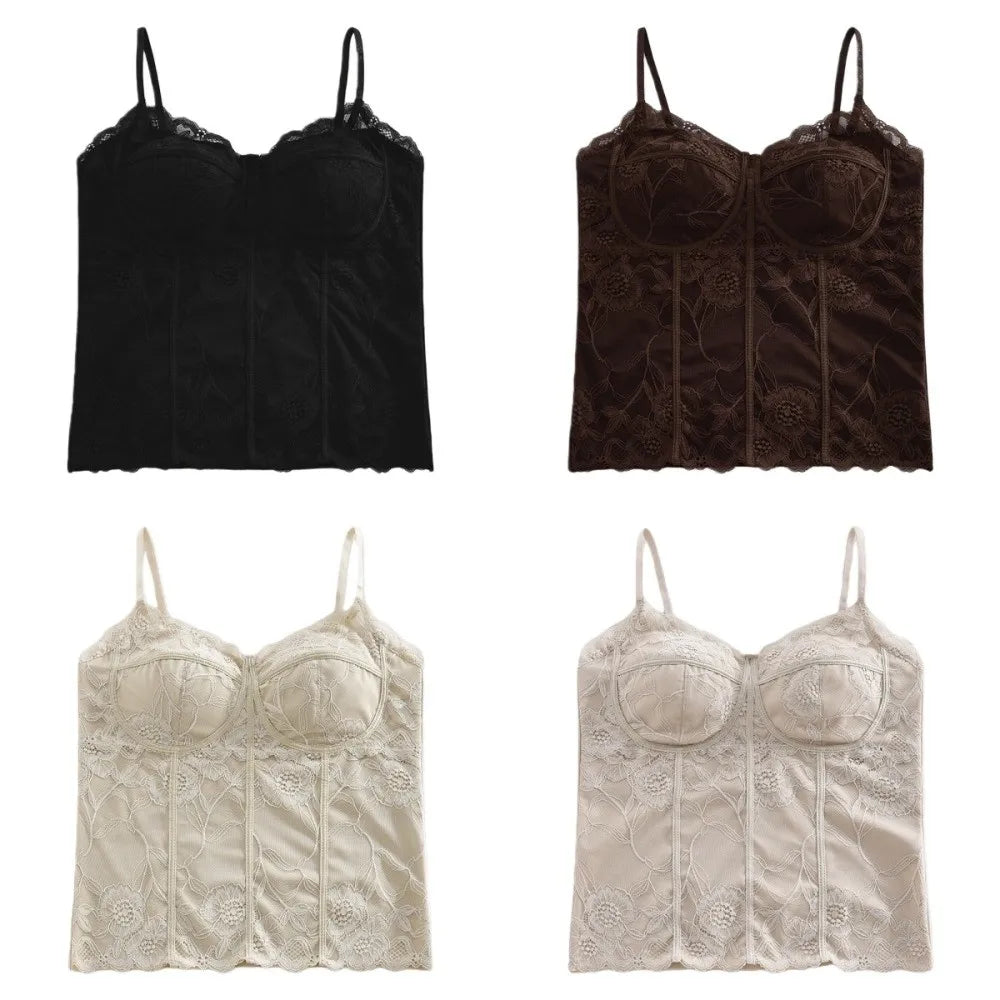 Chic Mesh Flower Slim Lace Crop Bottoming Shirt Sweet Girl's Vest V Qme