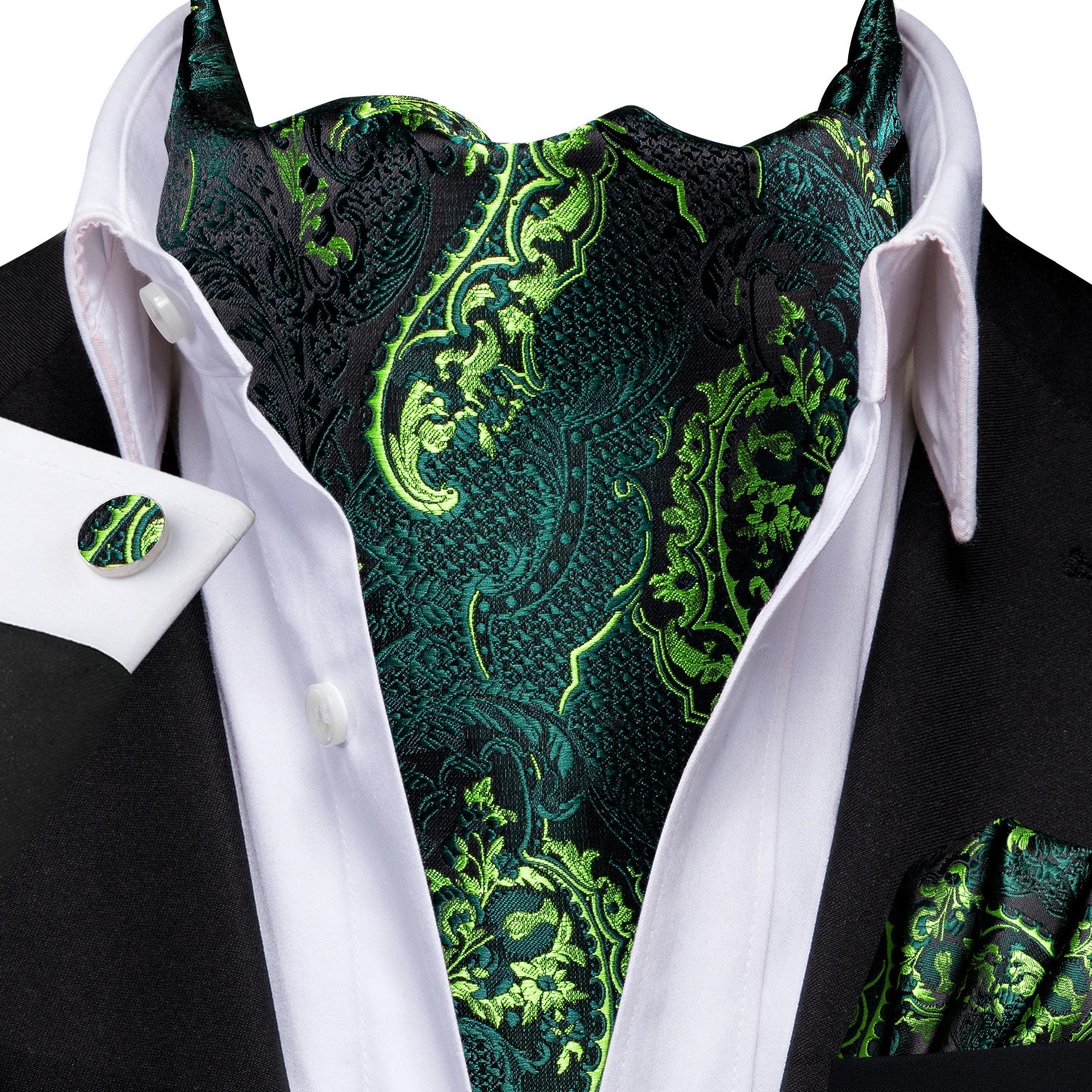 Hi-tie Mens Ascot Pocket Square Cufflinks Jacquard Paisley Floral Qme AS-1064