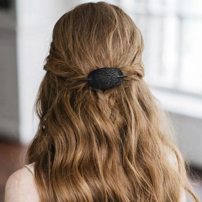 Leather Hair Barrette Stick Oval Shape Faux Ponytail Holders Vintage Qme