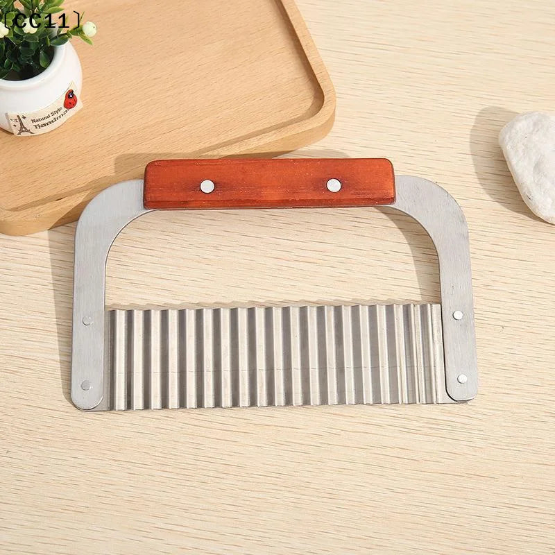 Stainless Steel Wavy Potato Cutter Wooden Handle Crinkle Vegetable Qme
