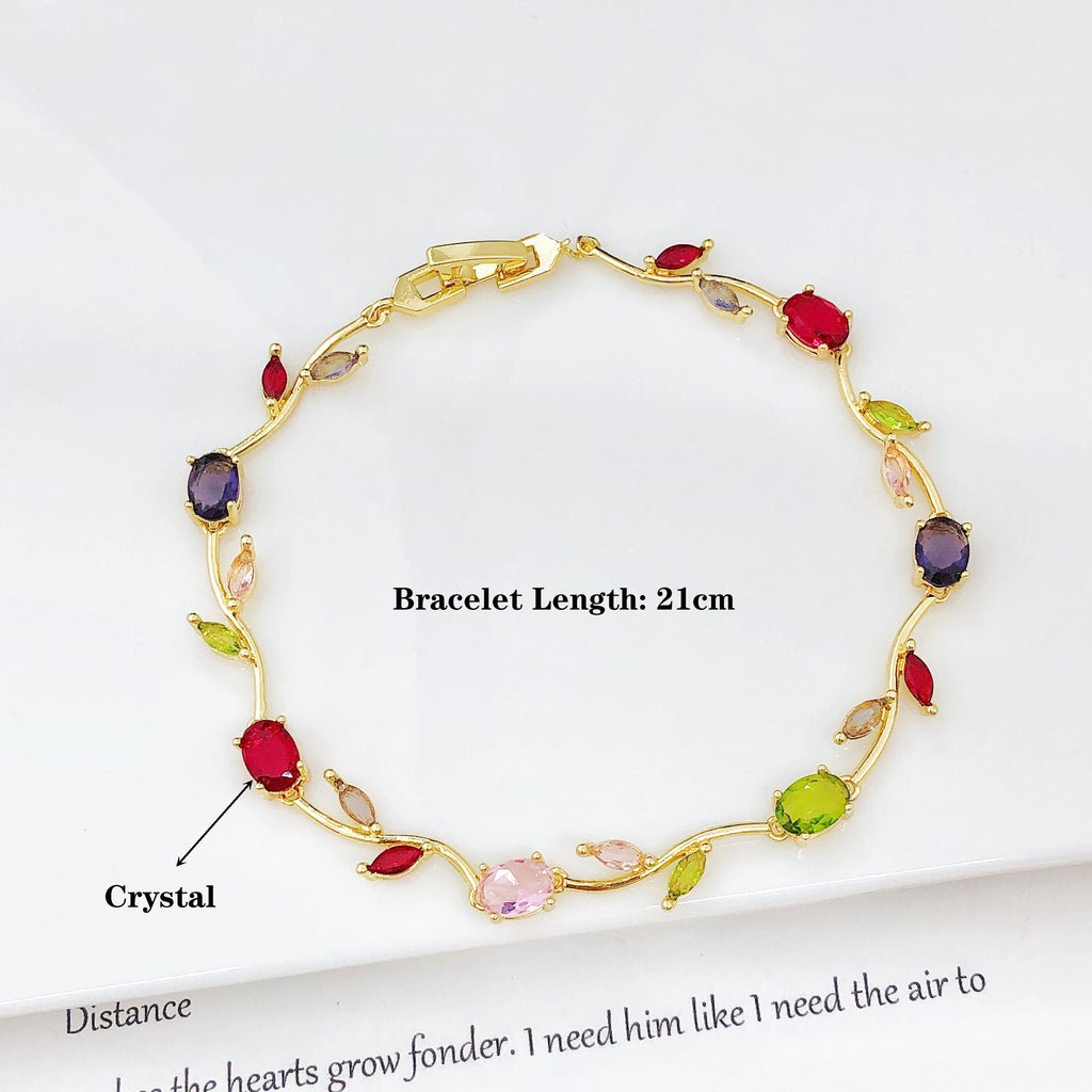 Colorful Trendy Charm Crystal Leaf Vine Flower Rhinestone Bracelet Luxury for Women Girl Party Wedding Gold-Plated Jewelry Gift Qme
