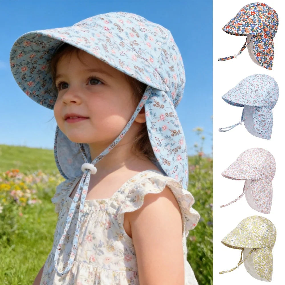 Cute Kids Sun Hat Floral Print Wide Brim Hat with Windproof Rope Summer Beach Hat for Boys Girls Vacation Outdoor Qme