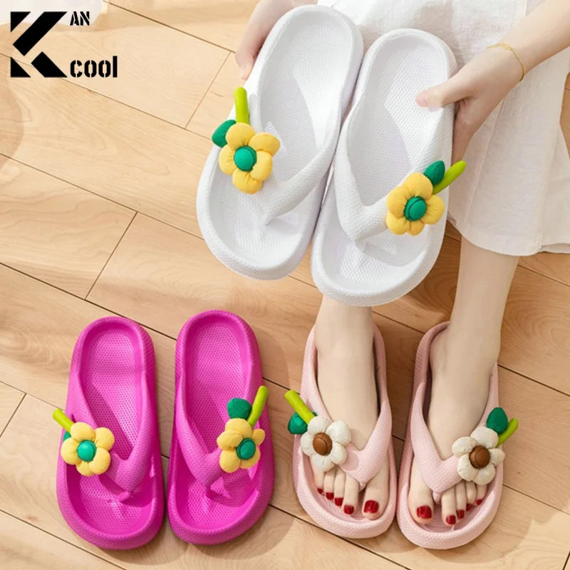 New Summer Platform Flip-Flops Handmade Flower Soft Bottom Cloud Slippers Travel Holiday Beach Lady Cute Shoes Women Slides Qme