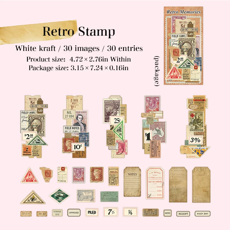 30 Sheets Vintage Memory Series Border Insect Collage Stickers for Scrapbooking DIY Frame Decals Computer Laptop Phone Luggage Qme 5