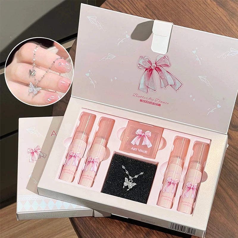 ART VALUE 6Pcs Makeup Set Include 4pc Velvet Nude Matte Liquid Lipstick And 1pc Face Blush Palette With Necklace Gift Cosmetics Qme