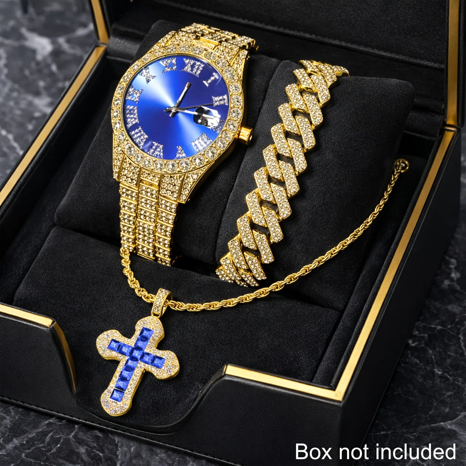 3-in-1 Men's Bling Jewelry Set: Iced Out Watch + Cuban Bracelet + Cross Pendant Necklace, Silver Tone Hip Hop Set Qme Multicolor