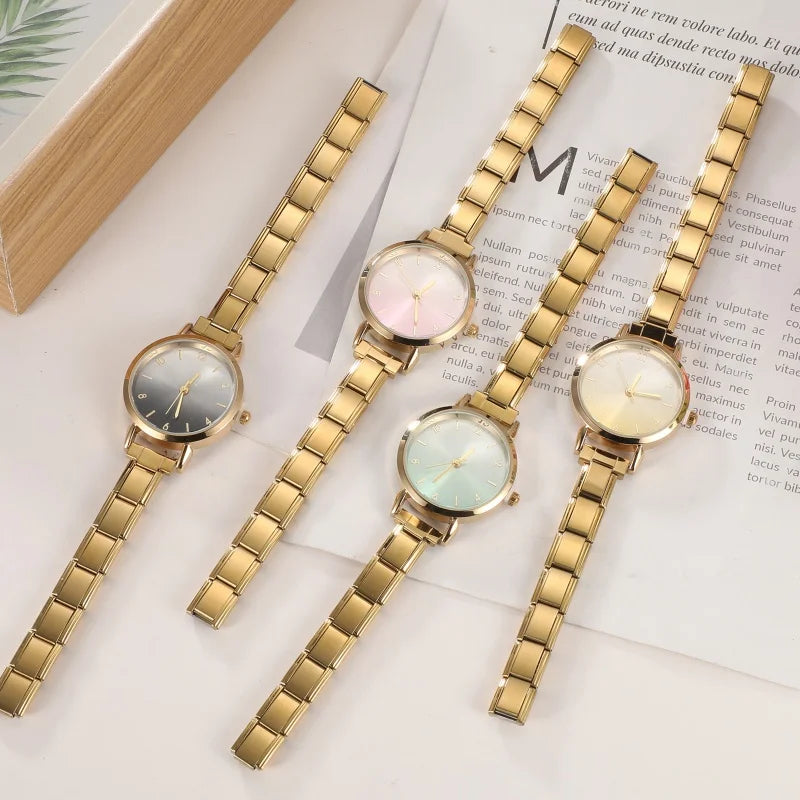 Fashion Women's Stainless Steel Round Blush Watch DIY High Quality Watch Bracelet Bangle For Party Friend Birthday Jewelry Gifts Qme