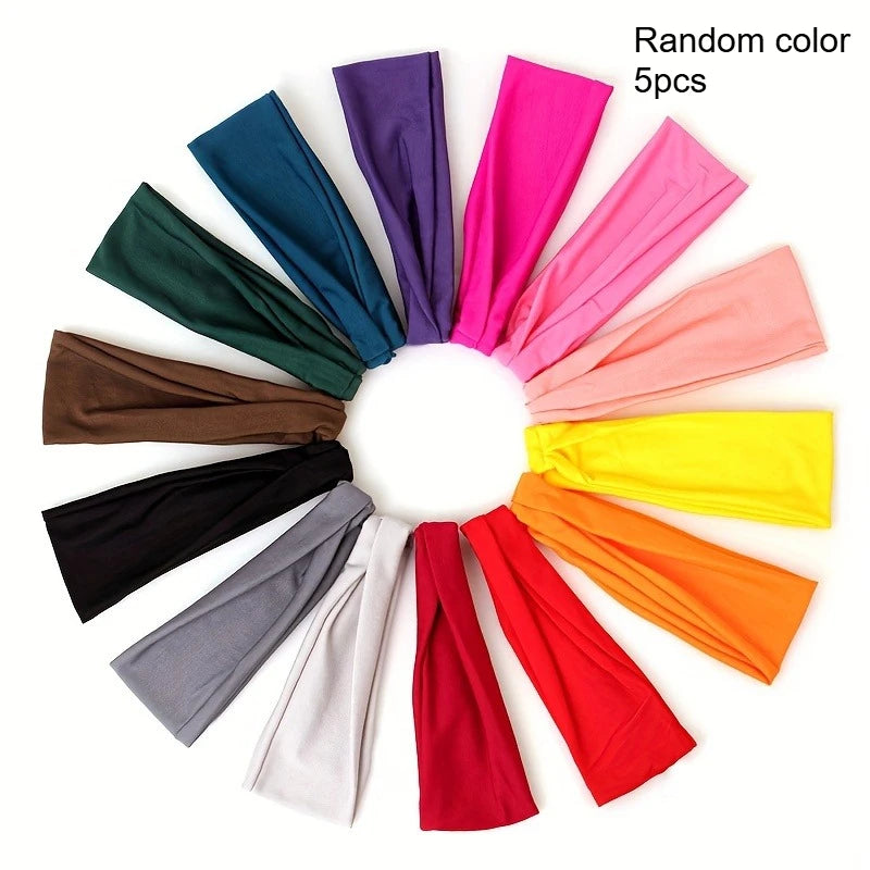 Men Women Elastic Sports Headband, Sweat Wicking Non Slip Wide Workout Hair Band for Running Cycling Yoga Gym Fitness Qme Random color 5pcs
