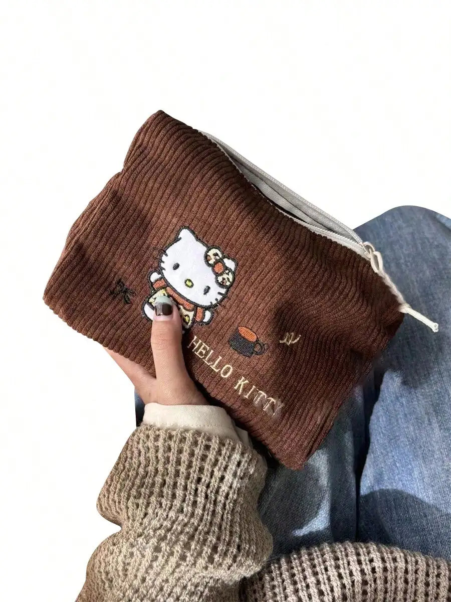 Hello Kitty Embroidered Handheld Corduroy Makeup Bag Large Capacity Qme Brown KT L