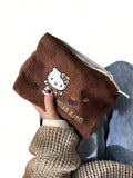 Hello Kitty Embroidered Handheld Corduroy Makeup Bag Large Capacity Qme Brown KT L