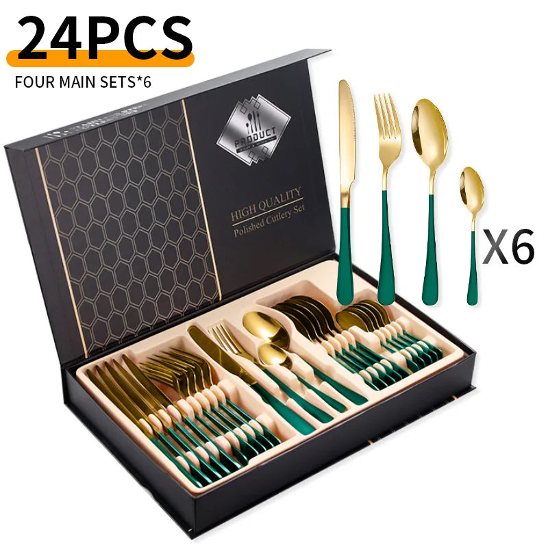 24-Piece Stainless Steel Tableware Set,Western Cutlery Steak Knife Fork Spoon, Gift Box Set for Home Restaurant Wedding Gift Qme B-24Pcs GreenGold