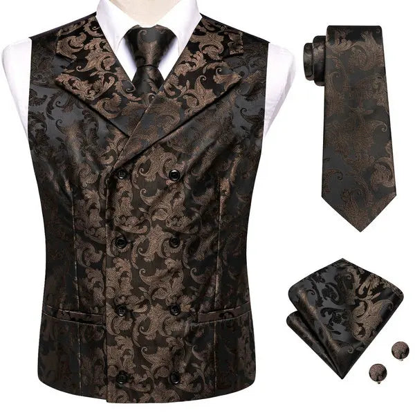Formal Men V-neck Waistcoat 4-in- Vest Tie Pocket Square Cufflinks Qme