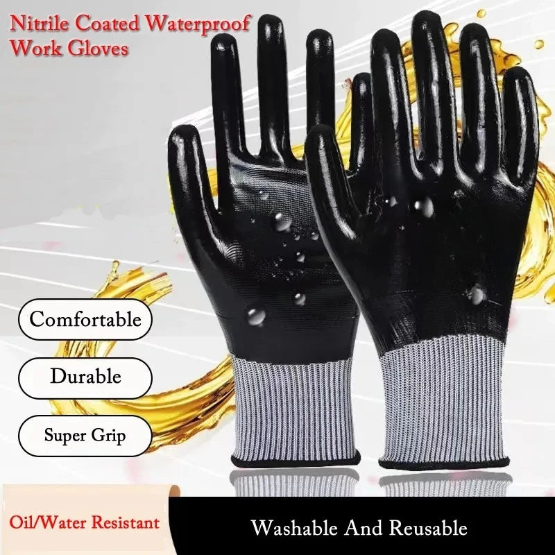 5PCS Oil Resistant Wear Resistant Full Rubber Flexible Nitrile Comfortable Mechanical Waterproof Work Gloves for Maintenance Qme