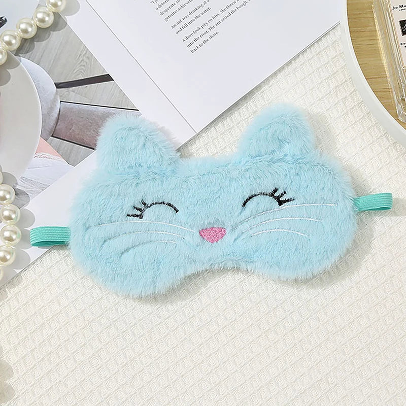 Cute Cartoon Cat Plush Sleep Mask Comfortable Eye Cover Travel Home Qme blue