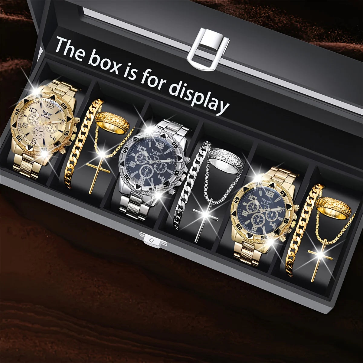 12PCS Men's Sporty Style Steel Belt Watch+Exquisite Ring, Necklace, and Bracelet Set for Christmas, Halloween, and Birthday Qme