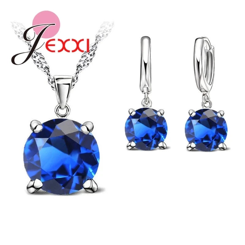 Hot Selling 4 Claws Cubic Zirconia CZ 925 Sterling Silver Color Jewelry Sets Pendant Necklace Earring for Women Wedding Sets Qme Blue
