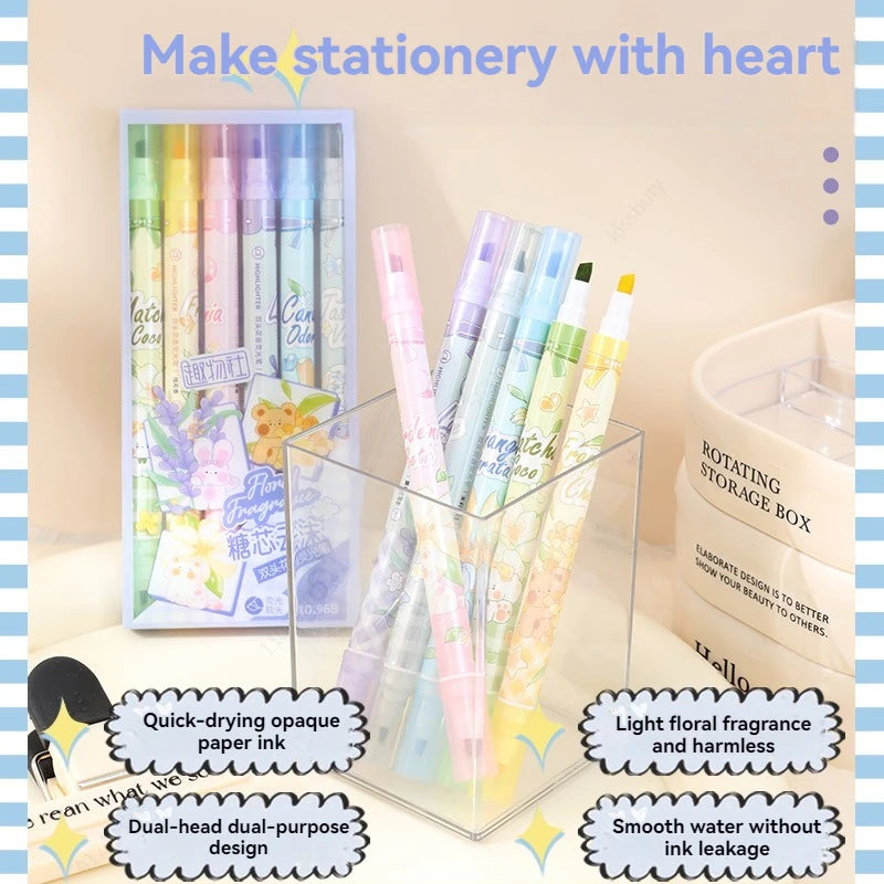 6Pcs/Set Dual Tip Fragrance Fluorescent Markers Pastel Drawing Pen for Student School Office Supplies Cute Stationery Qme