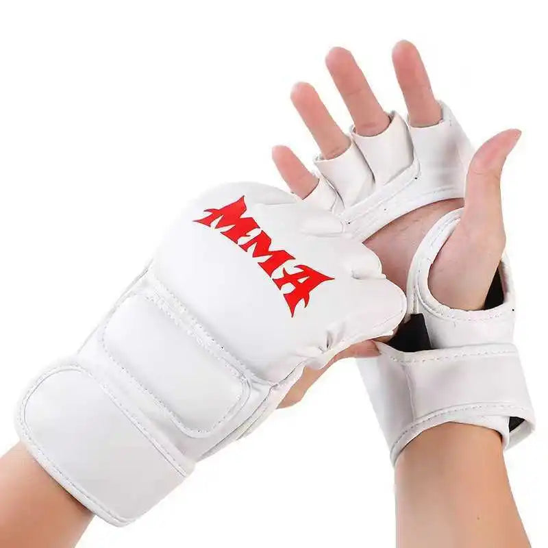 Half-finger Leather Boxing Gloves Adult Training Cushioned Knuckles Qme WHITE
