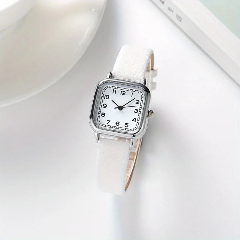 Casual Square Pointer Quartz Watch Analog PU Leather Wristwatch For Women Girls Students Qme White No