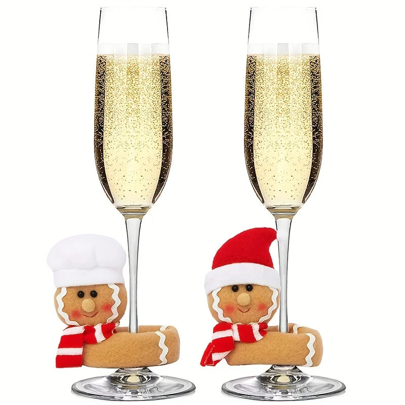1 Pair Christmas Wine Glasses Flannel Gingerbread Dolls Window Qme Red