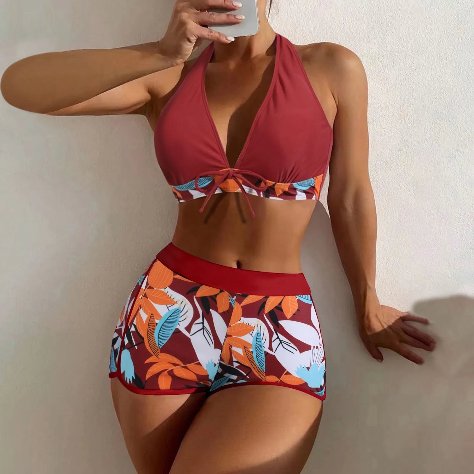 Women's Paneled Printed Swimsuit Ladies Fashion Sexy Split Boxer High Waist Swimsuit Two-Piece Set V-Neck Bathing Suits Female Qme Deep Red XL