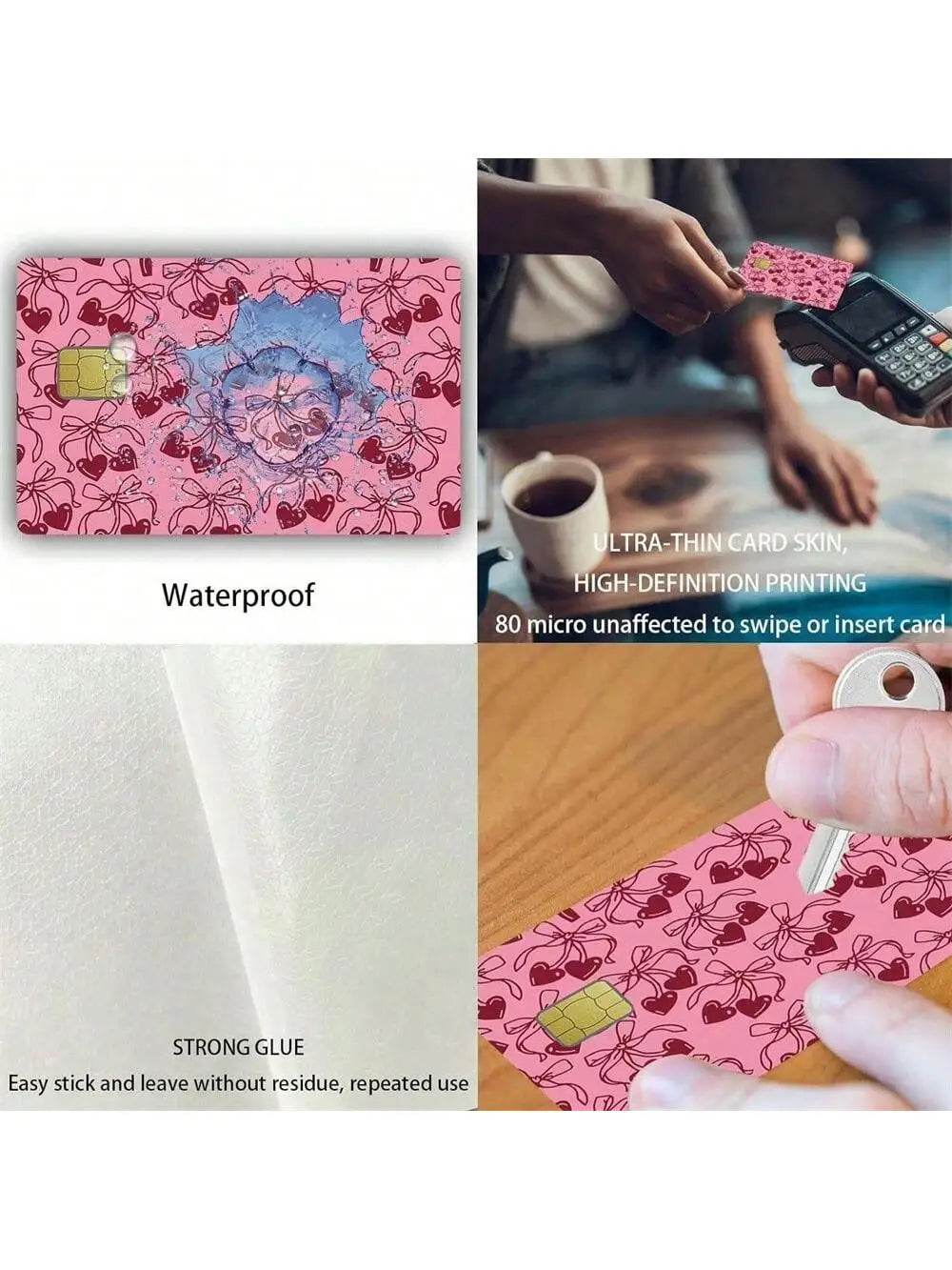 Cherry Bow Small Chip Credit Card Stickers Slim Waterproof Qme