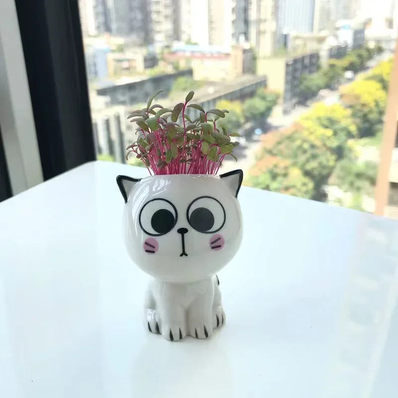 1pc Mini Cat Shaped Ceramic Flower Pot Cute Cartoon Desktop Potted Plant Pot DIY Home Desk Decor Nursery Pot School Gifts Qme B