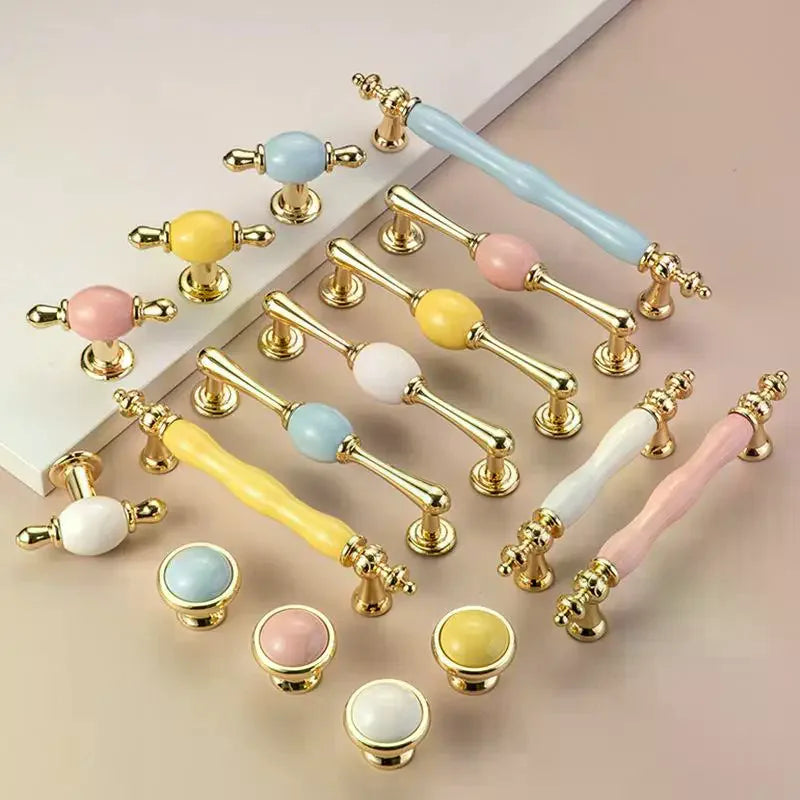 Modern Colored Ceramic Furniture Handle Golden Wardrobe Cabinet Handles Closet Door Knob Dressing Table And Drawer Pull Hardware Qme