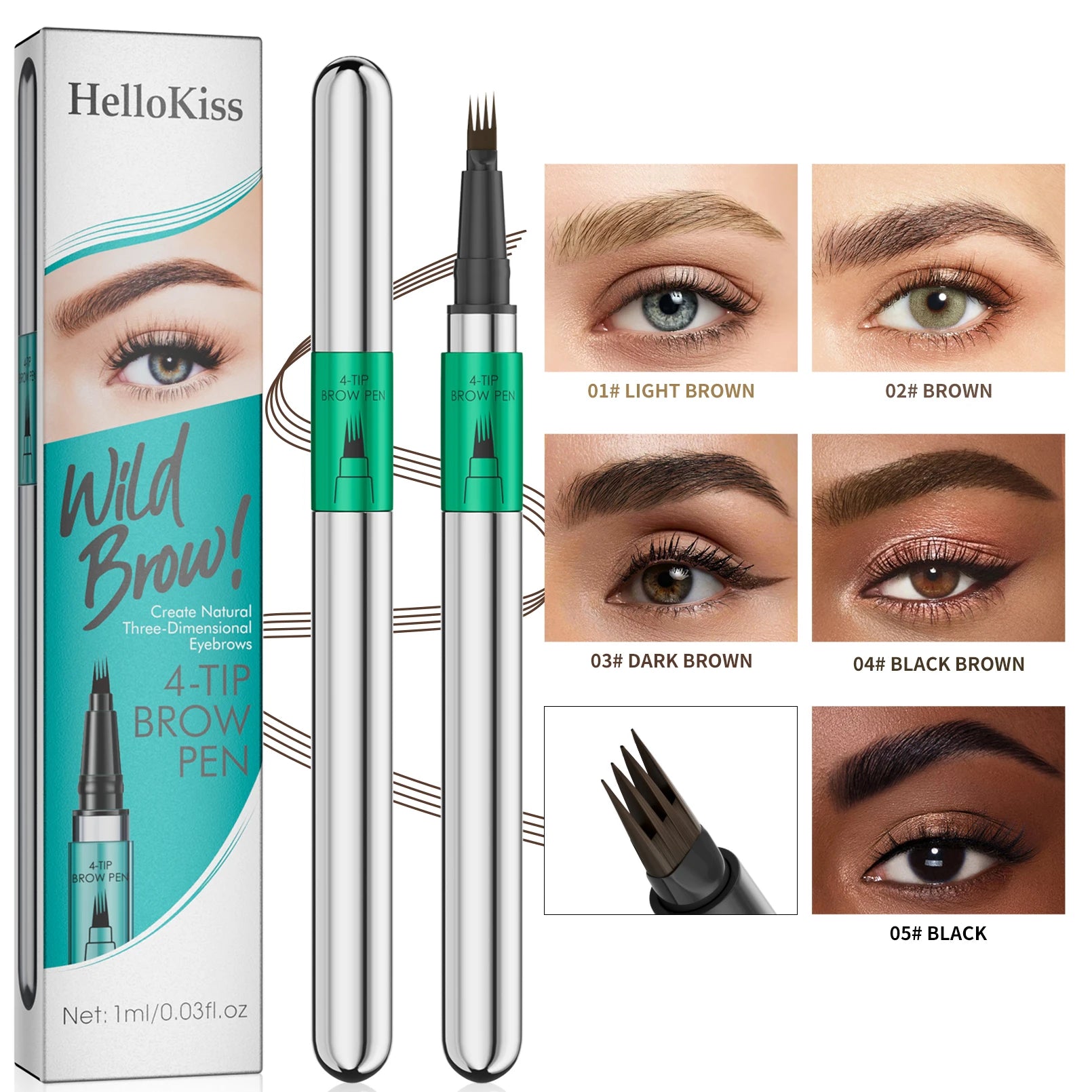 Hellokiss Waterproof Eyebrow Pen, Microblading Eyebrow Pencil With 4 Split Head, Natural Looking Brows Makeup ( 5 Colors) Qme
