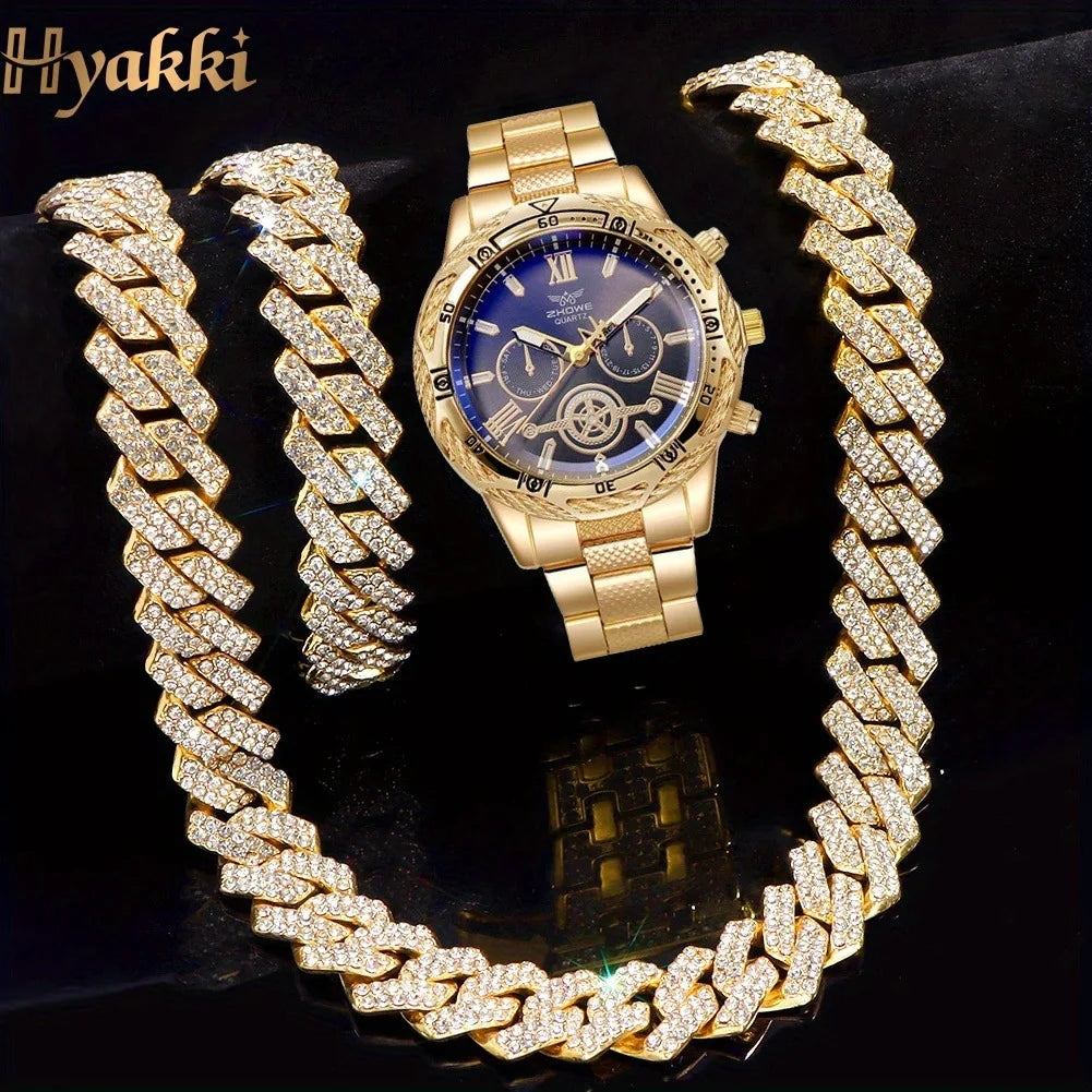 Men's Bling Jewelry Set: Gold Iced Out Chronograph Watch + Cuban Link Chain + Bracelet, 3Pcs Hip Hop Set Qme Bronze