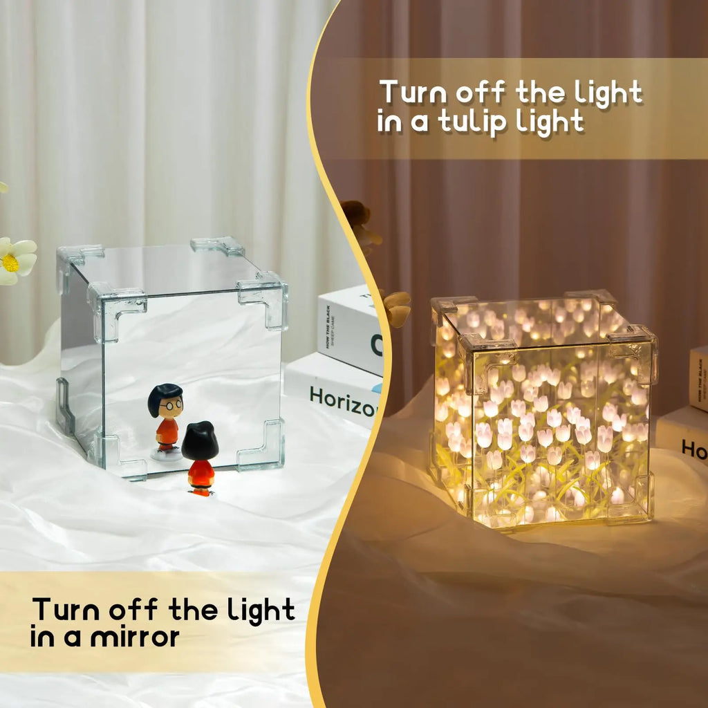 DIY Tulip Lamp Three-Dimensional Transparent Cuby Nightlight Lamp And Mirror 2 In 1 Anniversary Couple Gifts Bedroom Decorations Qme