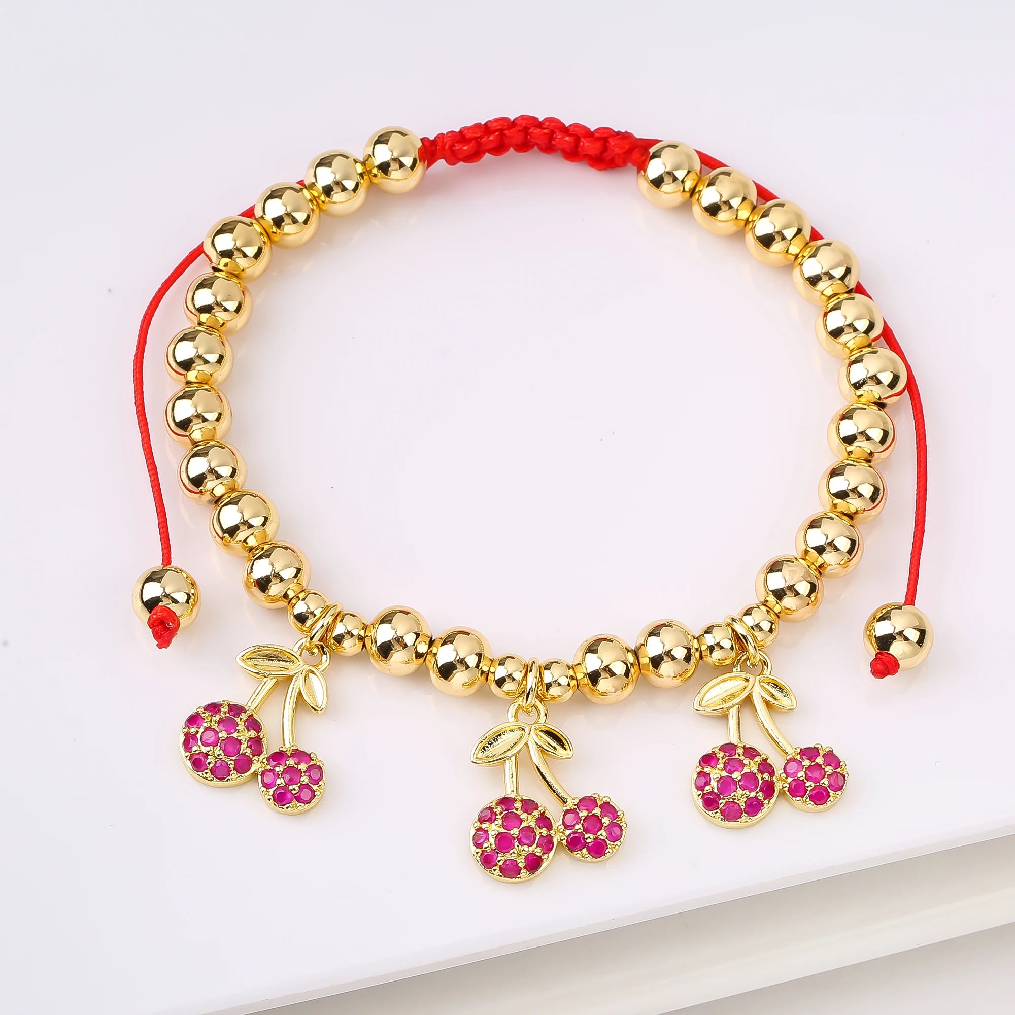 Gold-Plated Copper Bead Chain Braid Crystal Red Cherry Bracelet for Woman Female Daily Party Wrist Jewelry Friendship Gift Qme 8