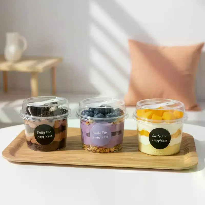 10Pcs Transparent Round Pudding Cups Reusable Party Cups With Lids And Spoons Novelty Mugs Mousse Cake Boxes Yogurt Cups Qme