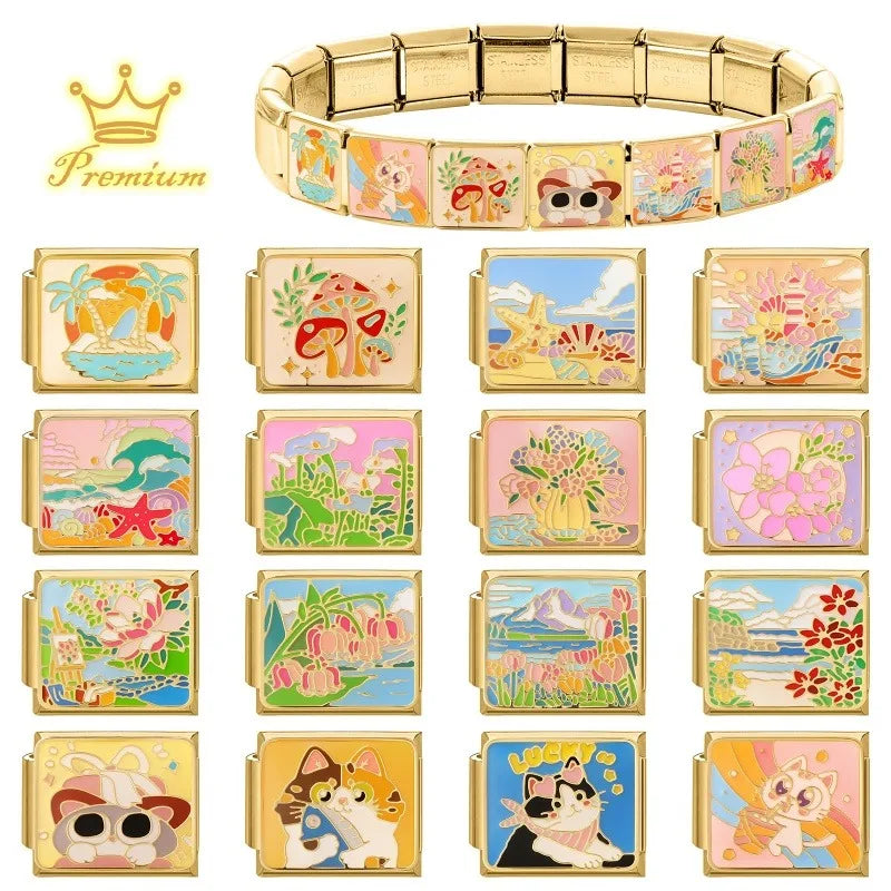 Gold Color Spring Summer Colorful Starfish Beach Sky Flowers Italian Charm Links Fit 9mm Women Stainless Steel DIY Bracelet Gift Qme