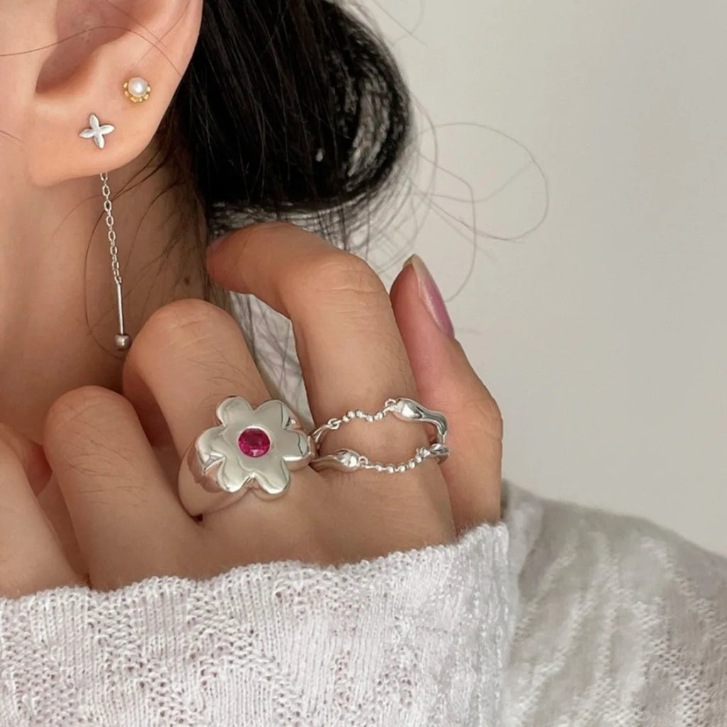 Minimalist Sense of Design Flower Rings for Women Couples Cute Fashion Creative Chain Tassel Geometric Handmade Party Jewelry Qme