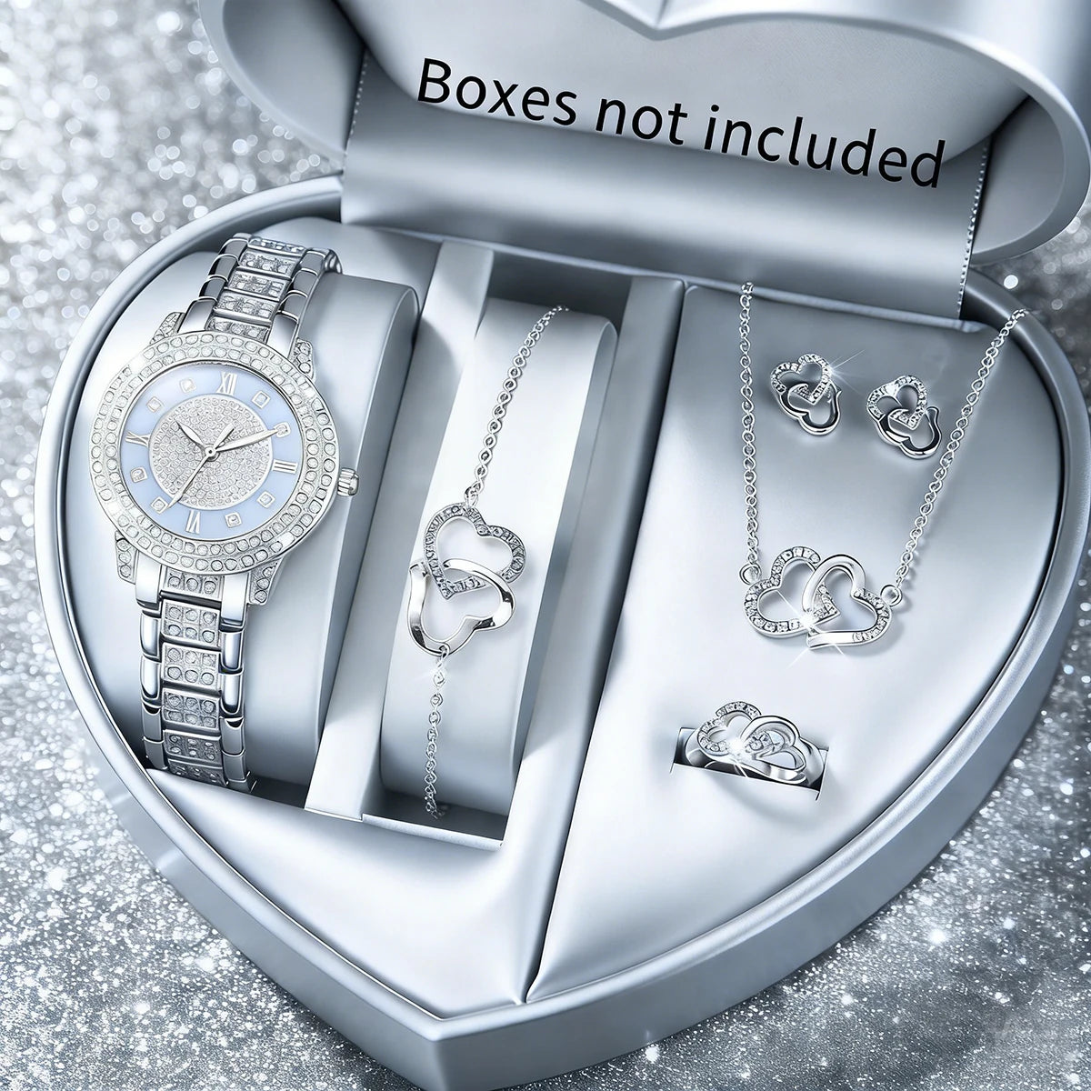 Luxury 5 In 1 Full Crystal Gold Watch Interlocking Heart Necklace Earrings Ring Bracelet Set Qme Silver E No Box