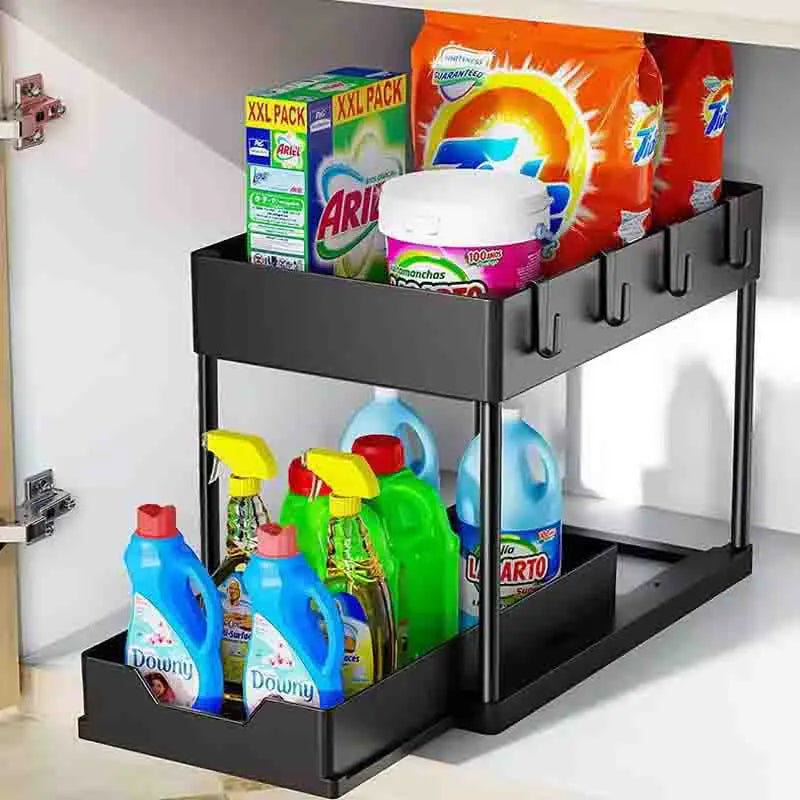 Kitchen 2 Tier with Hooks Hanging Cup Home Bathroom Organizer Under Sink Organizer Sliding Cabinet Basket Organizer Storage Rack Qme Black