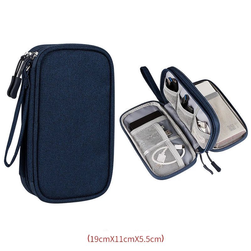 Portable Travel Digital Product Storage Bag Organizer Multi-layer Headset Cable Handbag Charging Treasure USB Data Cable Bag Qme 19X11X5.5CM Dark Blue